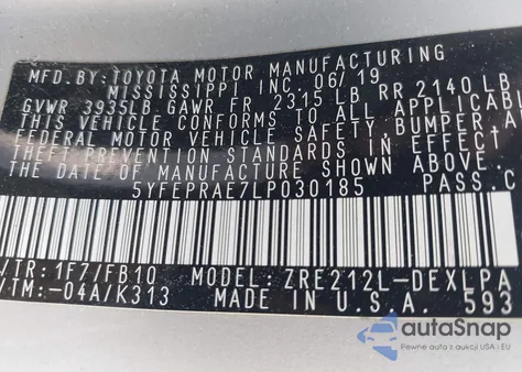 2020 Toyota Corolla Le из США, поврежденный, VIN 5YFEPRAE7LP030185